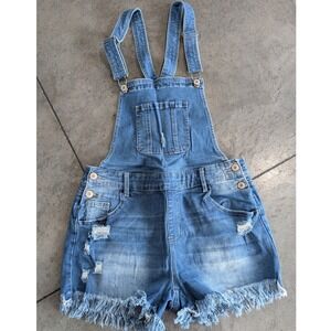 Luvamia Girls Denim Distressed‎ Frayed Hem Overalls Blue Jean Shorts Size M